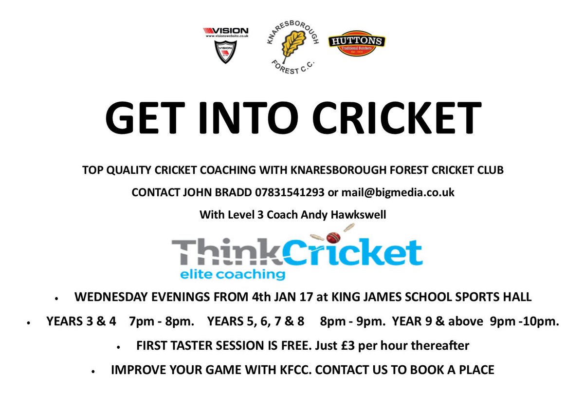 KboroForestCC's tweet photo. Top quality level 3 cricket coaching for all ages with @ThinkCricketer Andy Hawkswell this Wednesday at King James's School #knaresborough https://t.co/2GzYPqDRkr
