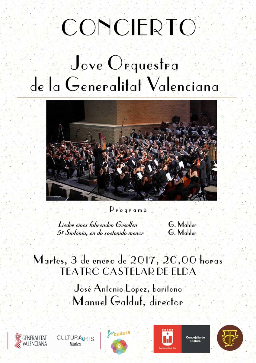 CelVinalopo's tweet photo. Martes 03/01, 20h Concierto de Año Nuevo a cargo de la Jove Orquestra de la @generalitat en el @TeatroCastelar #Elda https://t.co/TCvxLFbxel