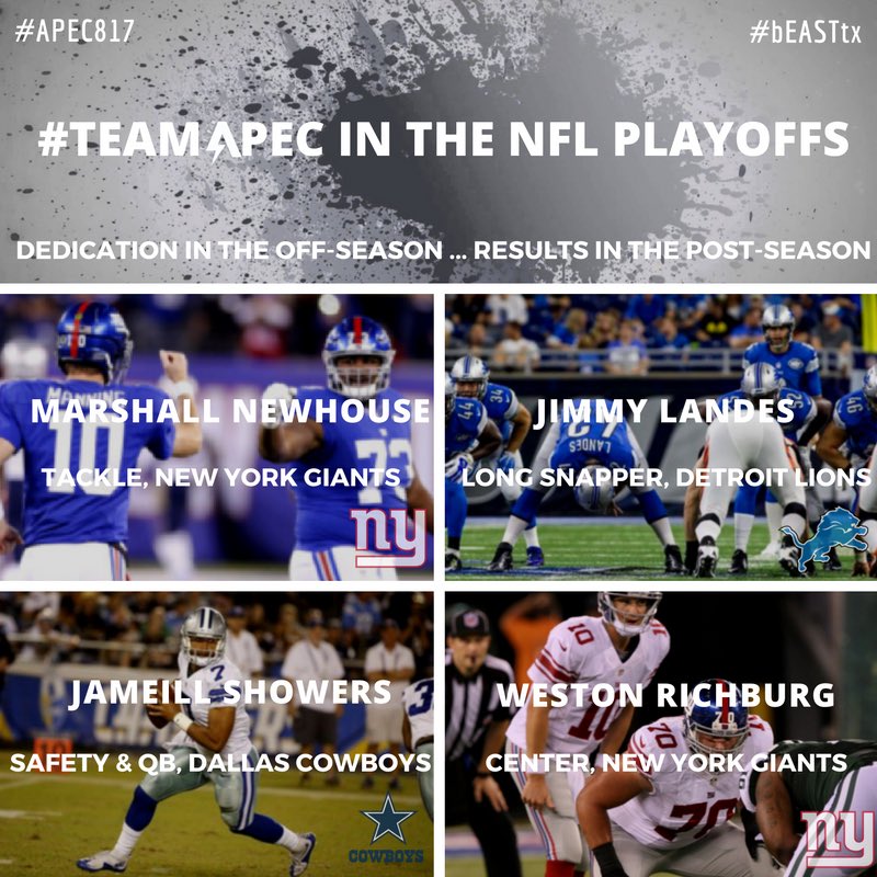 teamAPEC's tweet photo. We are PROUD of #TeamAPEC athletes representing us in post-season play! #nfl #nflplayoffs #cowboys #cowboysnation #lions #newyork #giants https://t.co/hPePYDyE23