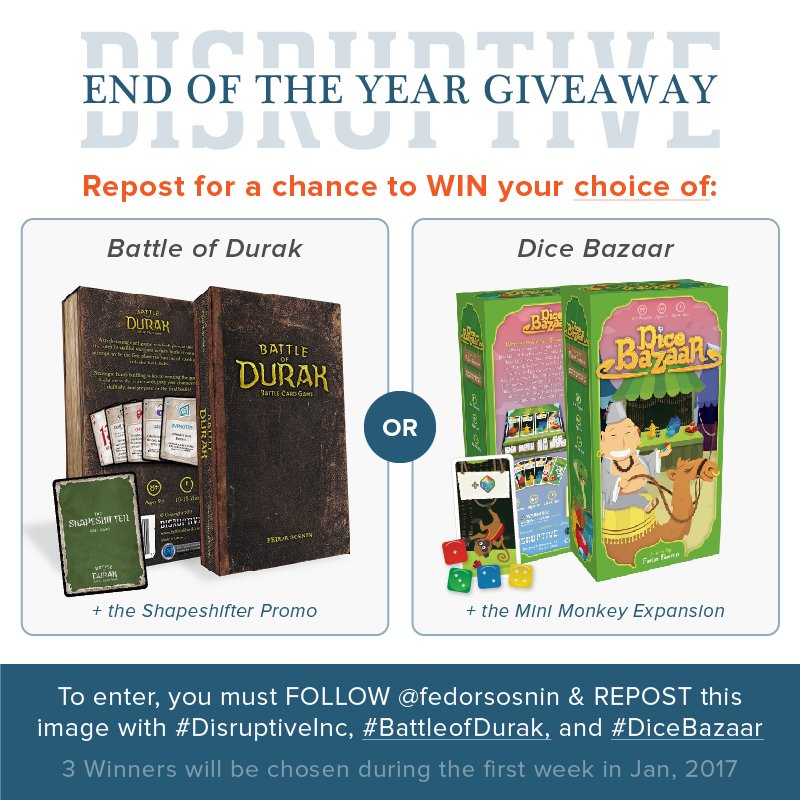 DisruptiveInc's tweet photo. Last week to enter my Giveaway for a chance to win! #BattleofDurak #DiceBazaar #DisruptiveInc https://t.co/qEEYYVsyJv