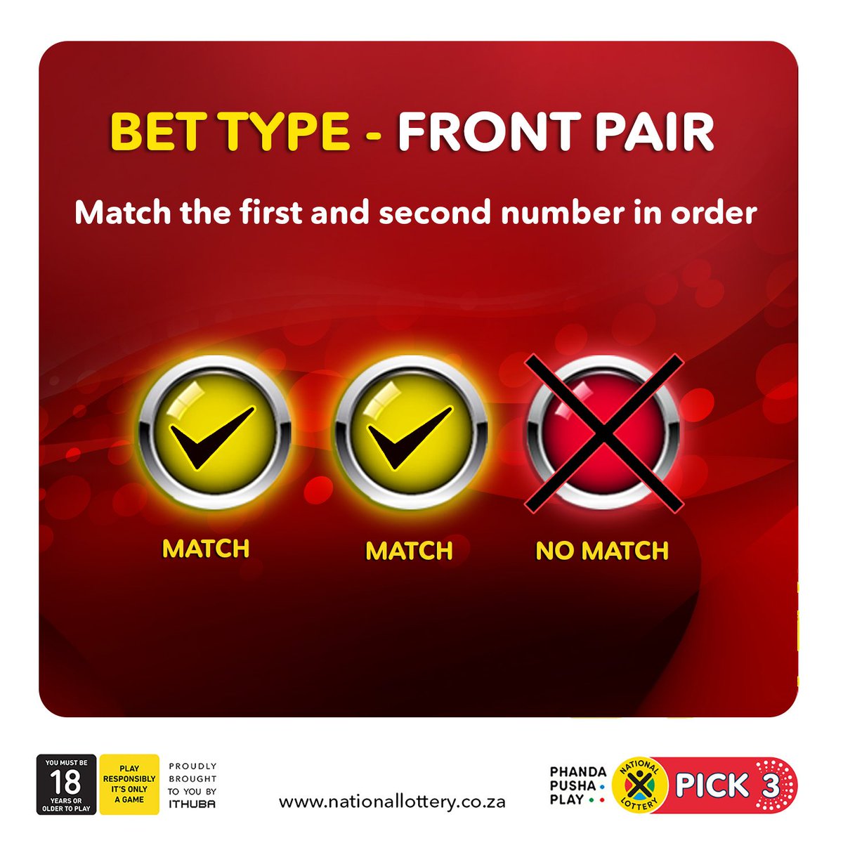 sa_lottery26's tweet photo. #6WaysToWinWithPICK3
FRONT PAIR bet type: Win up to R1,000.
Your numbers must match the 1st & 2nd numbers drawn IN ORDER!
#PickPlayWin https://t.co/xF172Mw3Vx