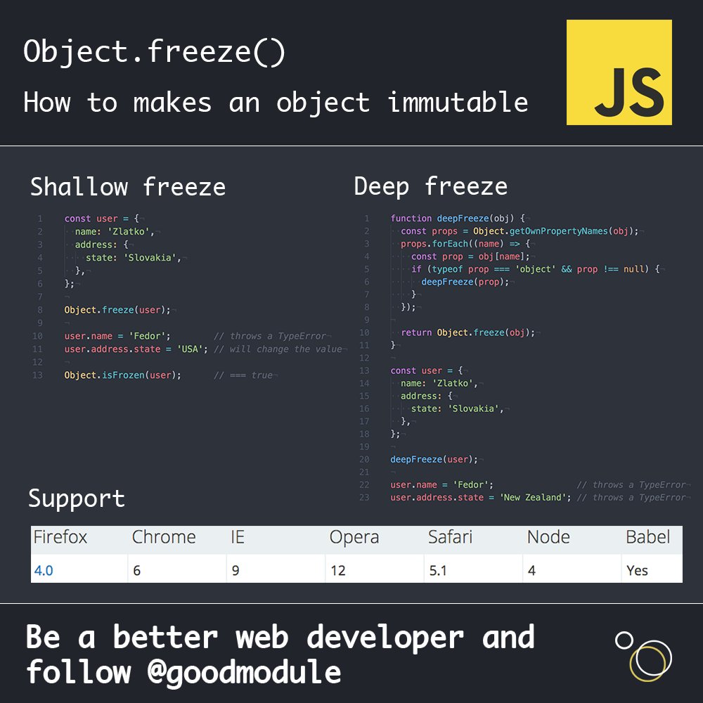 goodmodule's tweet image. How to makes an #object #immutable without #immutablejs ? #javascript #freeze #es6 #ecmascript #babel #nodejs #reactjs #angular #js #app