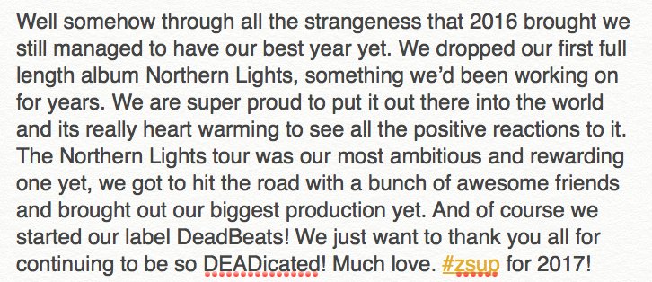 zedsdead's tweet photo. Thanks to everyone that rocked with us in 2016! #ZsUp for 2017! https://t.co/qNrmJj1thL