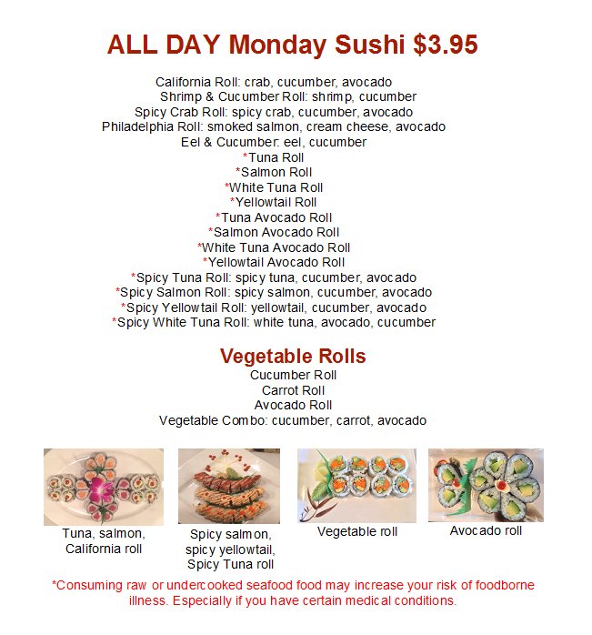ThaiLannaSushi's tweet photo. #FirstMondayOf2017 is $3.95 sushi! ALL DAY! Enjoy some freshly made #sushi just for you at 7257 Fulton Dr. NW. Canton, Ohio. 
#FreshlyMade https://t.co/now5sRfIAY
