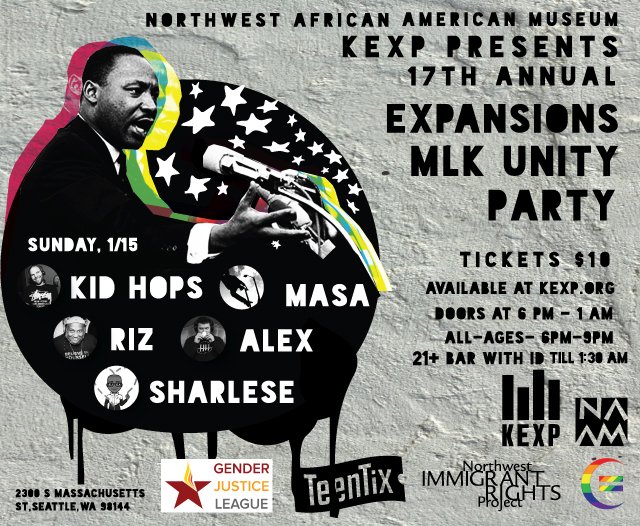 kexp (@kexp) on Twitter photo Announcing the 17th Annual MLK Unity Party Sun 1/15 at <a href="/naamnw/">NW African American Museum</a> w/ <a href="/rizrollins/">riz rollins</a>, <a href="/kidhops/">Kid Hops</a>, MORE! AA tix on sale: ow.ly/EN8p307CbjP Announcing the 17th Annual MLK Unity Party Sun 1/15 at <a href="/naamnw/">NW African American Museum</a> w/ <a href="/rizrollins/">riz rollins</a>, <a href="/kidhops/">Kid Hops</a>, MORE! AA tix on sale: ow.ly/EN8p307CbjP