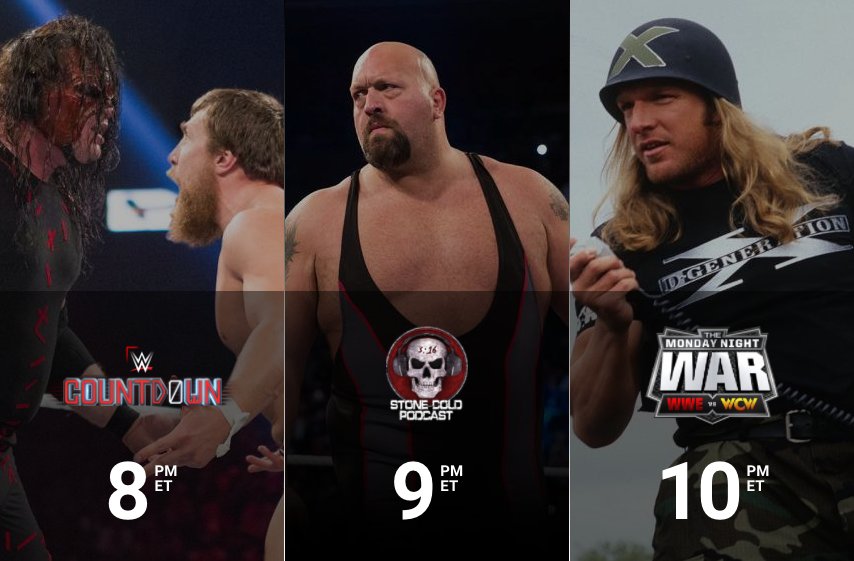 ClubWWE's tweet photo. Coming up TONIGHT on @WWENetwork:
8/7c - #WWECountdown
9/8c - #StoneColdPodcast
10/9c - #MondayNightWar
AFTER #RAW: #BringItToTheTable https://t.co/A5BP7eAETX
