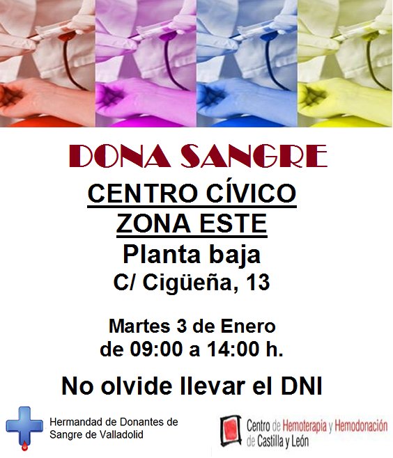 #HermandadDonantesSangre de #Valladolid: mañana martes #3ene #DonaSangre en el #CCZonaEste de la #CalleCigüeña (de 9 a 14h) ❣