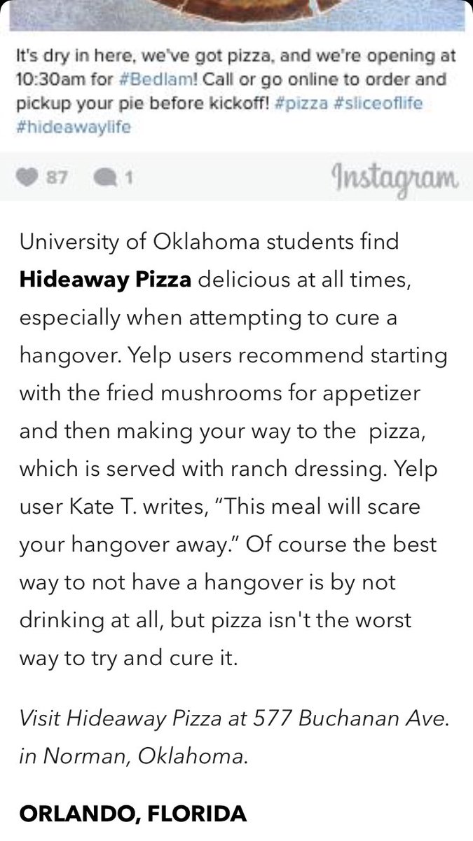 BriBirsner's tweet photo. Hey @Cosmopolitan you might want to figure out where the original, better @hideawaypizza is located and yes it's in a college town #GoPokes https://t.co/hg0NnG3c9c