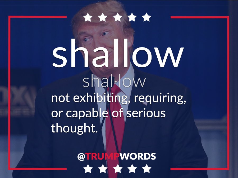 trumpwords's tweet photo. WORD OF THE DAY SHALLOW #TRUMP #TrumpPresident #maga #TRUMPWORDS #americafirst #trumptrain #TrumpPresident #usa #DonaldTrump #patriot #gop https://t.co/rRdW6Tavxk
