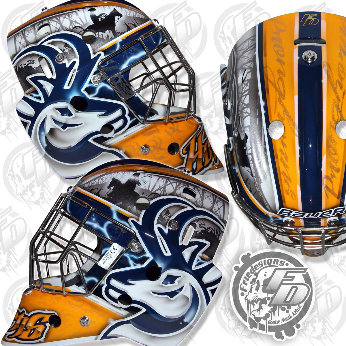 Friedesigns's tweet photo. Latest mask for @Garret_Hughson of the @HornsHockey Big thanks to @ProSkateGoal for the referral! #goaliemask #friedesigns #bauer https://t.co/HIGM6afQh8