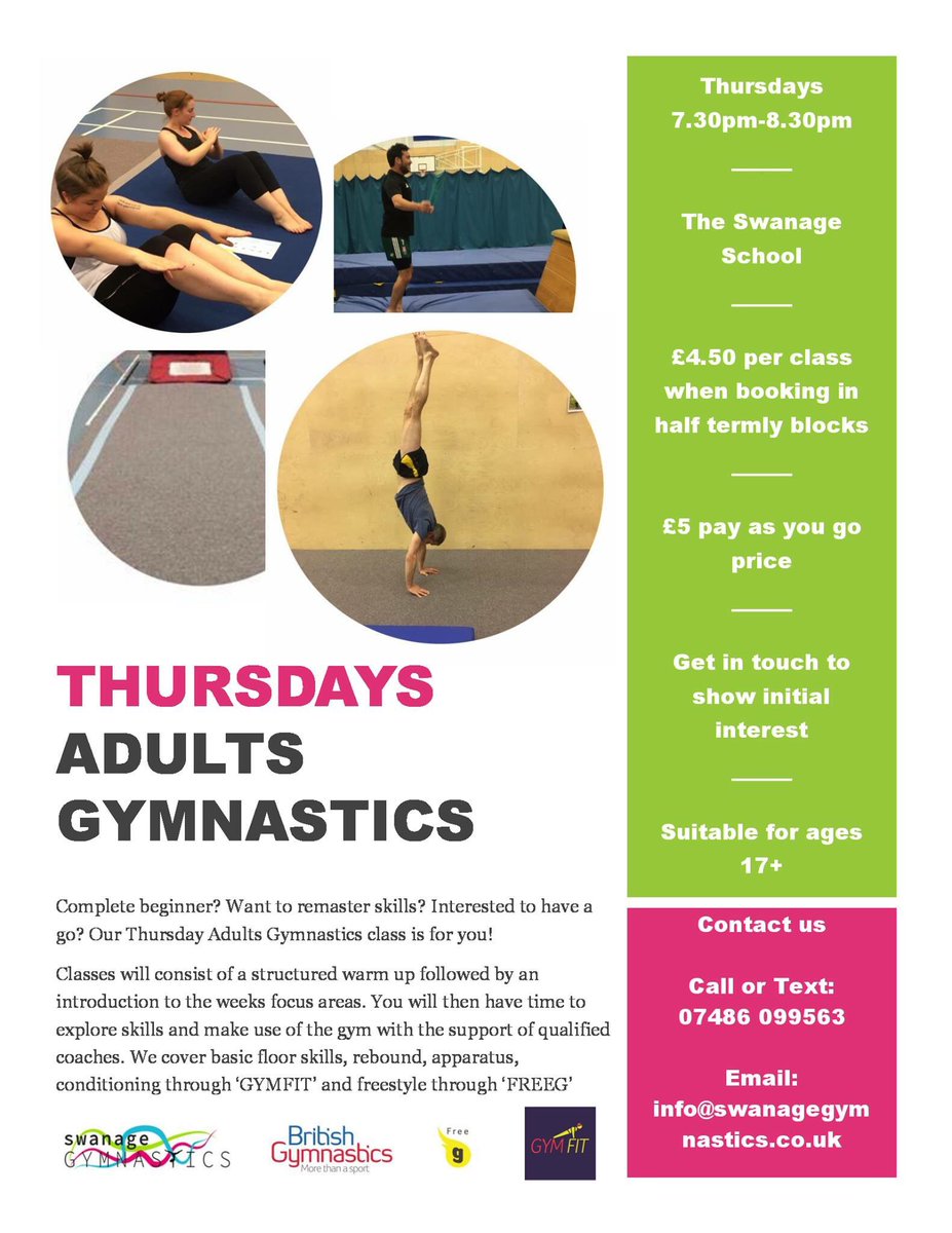 SwanageGym's tweet photo. Adults Gymnastics starts 12th January! Retweet... let's get this going! @SP_Swanage @SwanageSchool @SwanageVoice @WeLoveSwanage https://t.co/fKawbEdyuJ