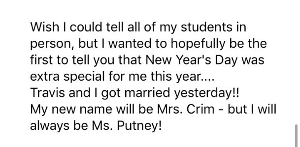 CONGRATULATIONS MS. PUTNEY!!! Or shall we say, Mrs. Crim 😉 

We hope you have a wonderful future together!