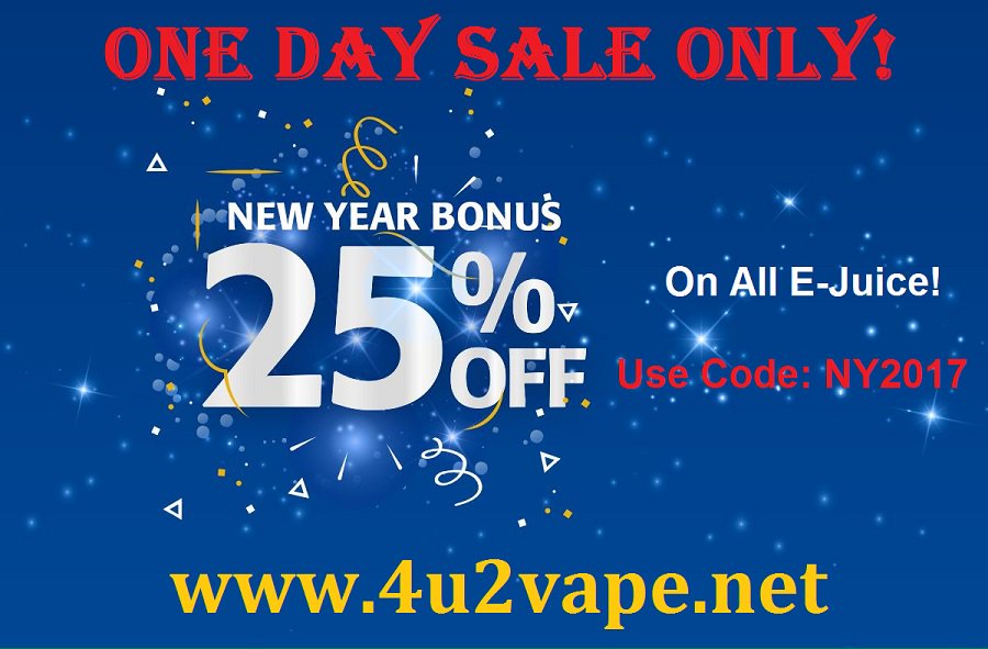 4U2VAPE's tweet photo. Happy New Year Everyone! 25% OFF ALL E-JUICE! Shop Now at https://t.co/03GLB8GFoD @karenlhay @snowj25 #vape #vapeart #vapelyfe #calivapers https://t.co/DM3oBNmb4k