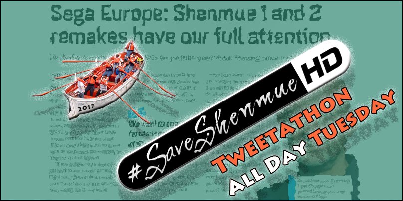 TeamYu's tweet photo. The first #SaveShenmueHD Tweetathon of 2017 needs YOUR help!

Urge Sega to turn words into action before #Shenmue3!

https://t.co/SUrraACTLO https://t.co/e0Il53BaQG