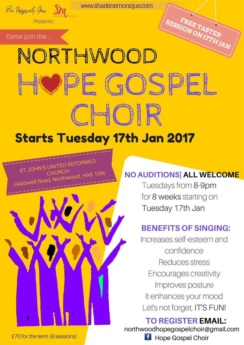@MNHillingdon Northwood 'Hope Gospel Choir' starting this month. FREE taster session is Tuesday 17th January