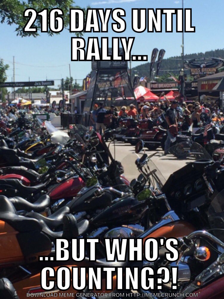 SturgisRally's tweet photo. It's the new year, let the countdown begin! #77thSturgisMotorcycleRally
#216DaysToGo https://t.co/pq22MaTtC4