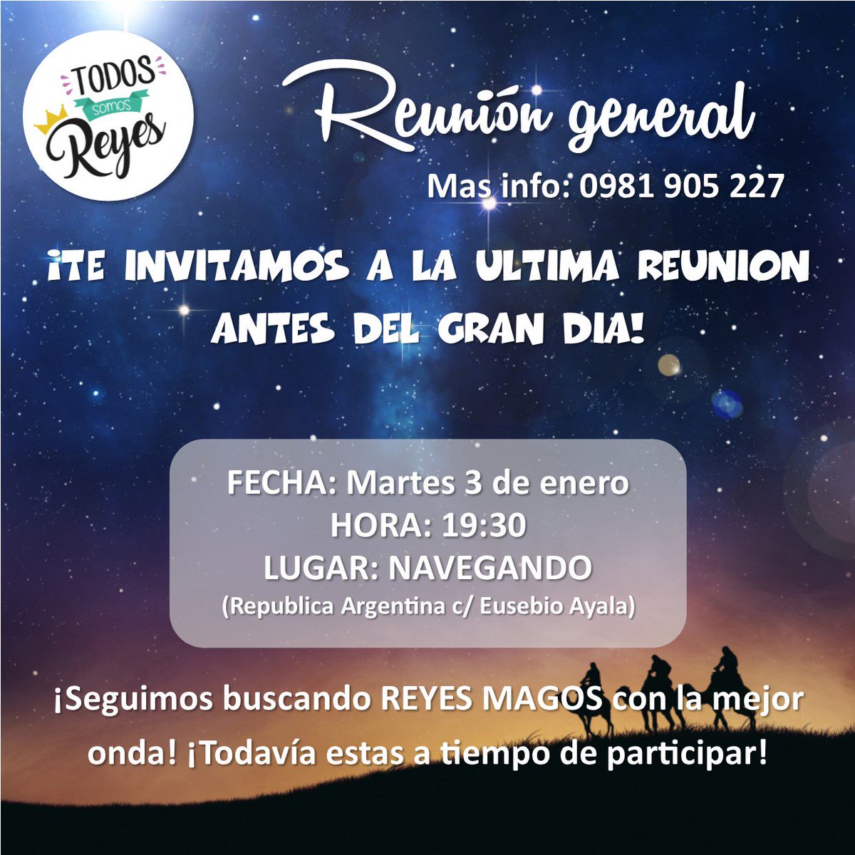 todosomosreyes's tweet photo. ¡GRAN REUNIÓN GENERAL! Te esperamos en @NavegandoParque. Corré la voz, podes hacer feliz a muchos niños y niñas 👑🎁👳😁🔝 #PrendetePues #TSR2017 https://t.co/zMB9OymLVM
