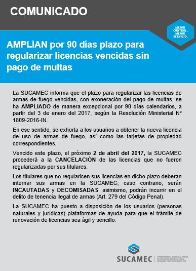 #SUCAMEC Amplía por 90 días plazo para #RegularizarLicenciadeArmas y tarjetas de propiedad. #Tenenciailegaldearmas @MininterPeru