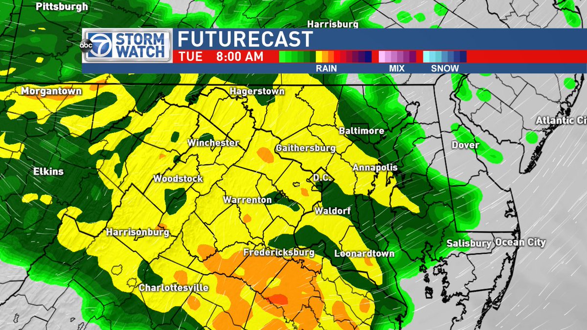 JoshKnight_TV's tweet image. Heavy rain likely for Tuesday morning. The earliest commuters will beat it around D.C. Worst from about 7-10AM