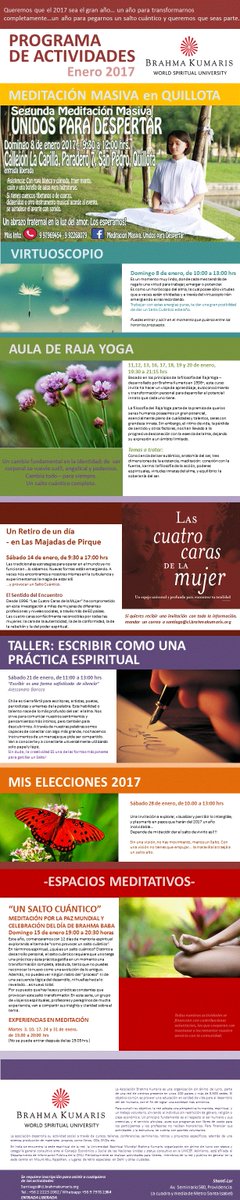 Programa del mes de Enero 2017. Curso de Raja Yoga del 11 al 20. Taller Las Cuatro Caras de la Mujer y Escritura como práctica espiritual.