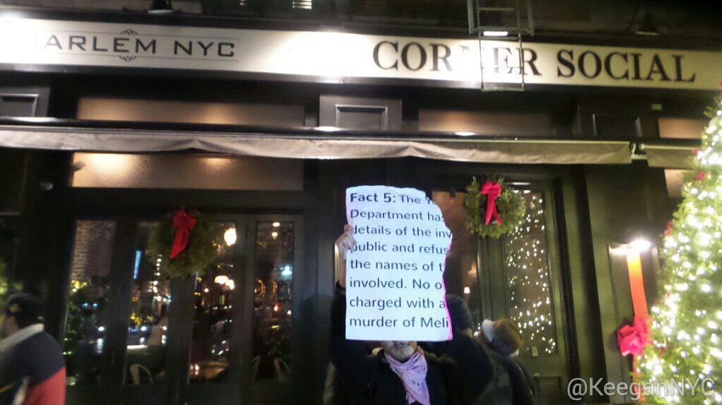 KeeganNYC's tweet photo. Employees @CornerSocialNY ripped all of #PeoplesMonday's signs about the police murder of #MelissaVentura tonight. https://t.co/Epmo3WODbf