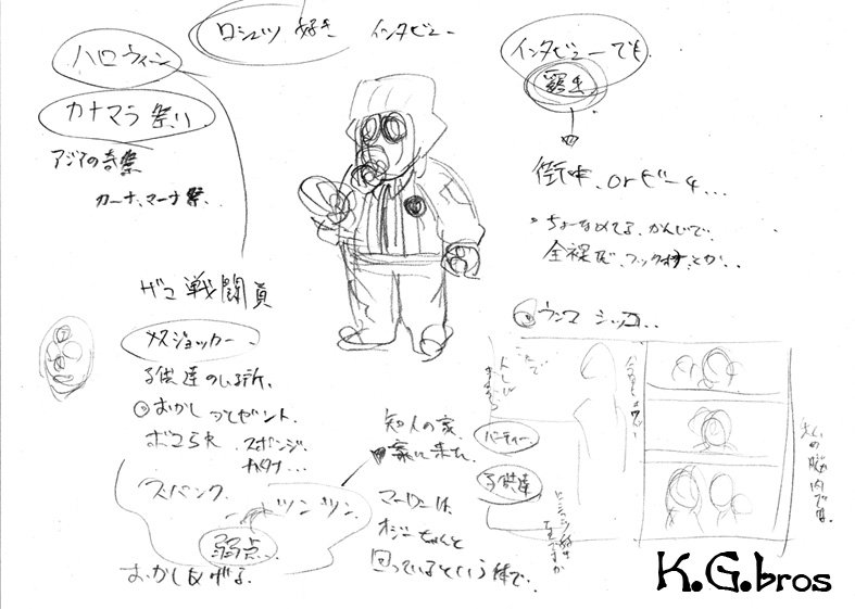 ↓新刊のアイデアスケッチ。
今回はオイラがインタビューする形式ゆえ、中央に自画像が鎮座してますw
初期案には、奇祭か~なま~ら祭りとか出てました。
もちろんベースはアノお祭。
褌姿の18号さんが、御神体に跨るを絵を描きたかったっす。
ま、それは次の機会とかに~。