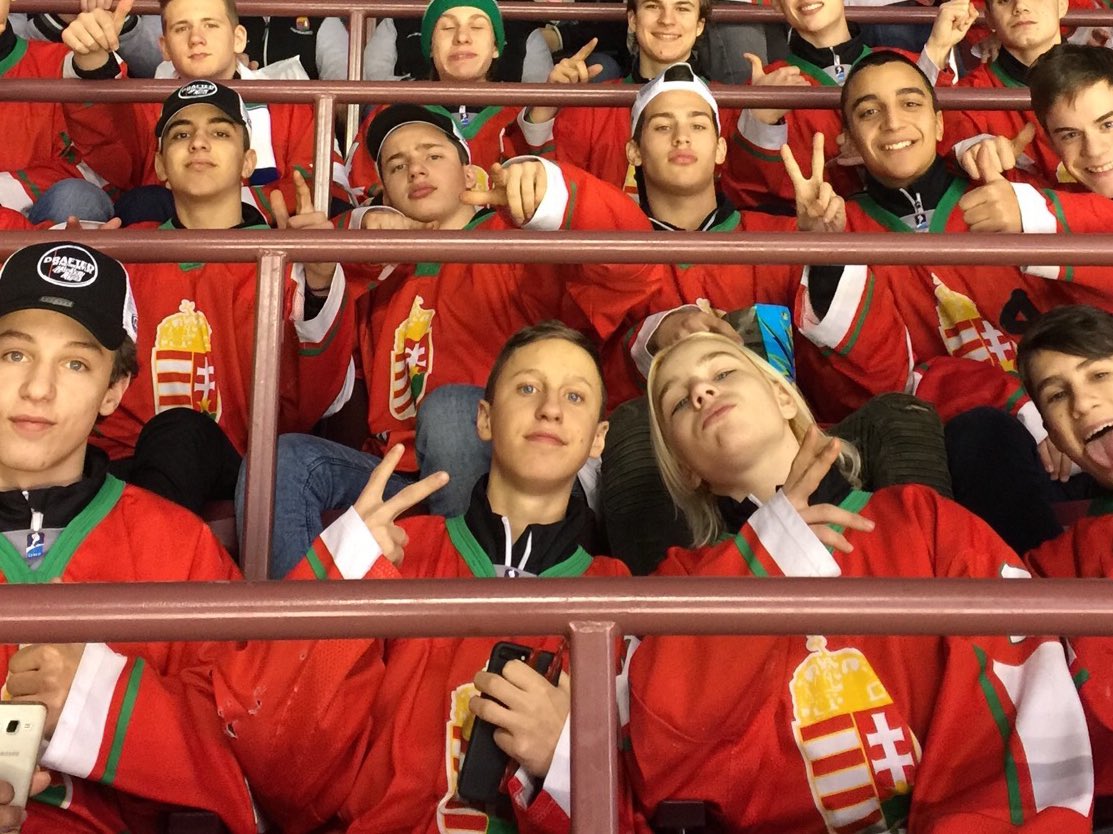 Canucks's tweet photo. Shoutout to the Hungary under 16 national hockey team, cheering on the #Canucks with attitude. ✌️😜 https://t.co/4j91VlL88K