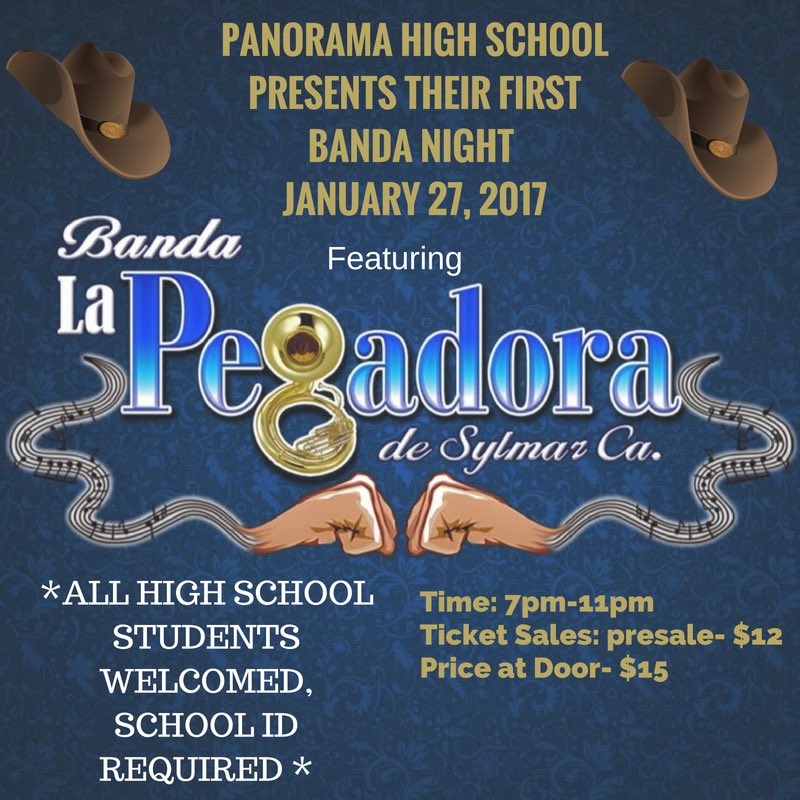 PythonPride's tweet image. PANORAMA WILL BE HOSTING THEIR FIRST ANNUAL BANDA NIGHT ft. LA PEGADORA ๐ค ๐ค
ALL HS STUDENTS WELCOMED WITH SCHOOL ID's. SAVE THE DATE!