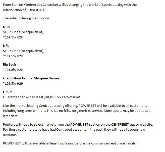 CentrebetAU's tweet photo. You asked for it, here it is. The best offering on Australian and worldwide sports with POWER BET. https://t.co/yfzjgwFPiX