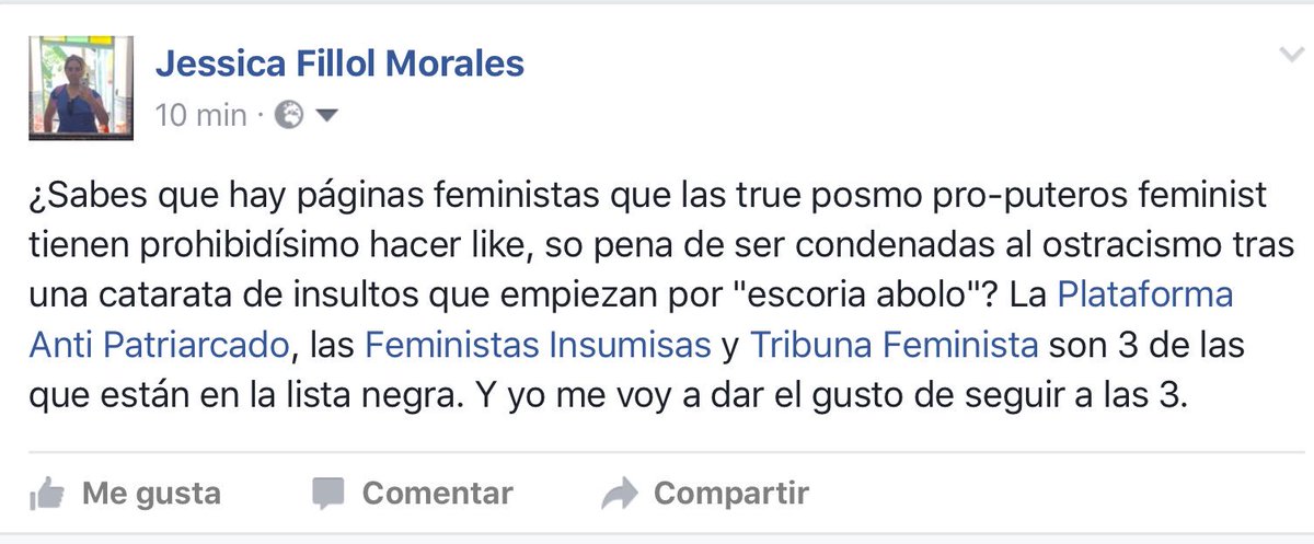 JessicaFillol's tweet photo. Páginas que están en la lista negra de las true posmo feminist: Feministas Insumisas, Plataforma Antipatriarcado y @TFeminista_ https://t.co/VetpE44Im8