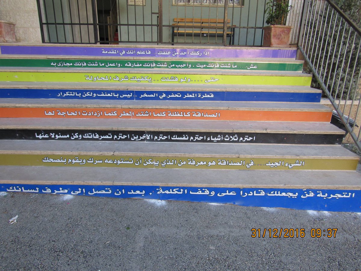 AMIDEAST_WBG's tweet photo. Creativity is unlimited at #SSP schools!Inspiring words decorating the stairs of Alfarouk school,as part of parent council's initiatives! https://t.co/bq2HKyy8o2