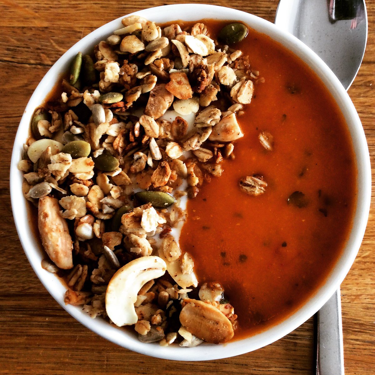 Perfect #lunch - <a href="/GloriousFoods/">Glorious! Soup</a> tomato &amp; lentil #soup with yoghurt &amp; nutty #troogranola. Now that's #Comfortfood, the best #WinterWarmer