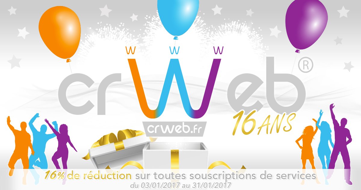 crWebFR's tweet photo. #crWeb fête ses 16 ans...profitez de 16% de réduction sur toutes souscriptions de #ServiceWeb du 03 au 31/01/2017 : https://t.co/3Xfox6P2Sm https://t.co/ka3xYYWzUZ