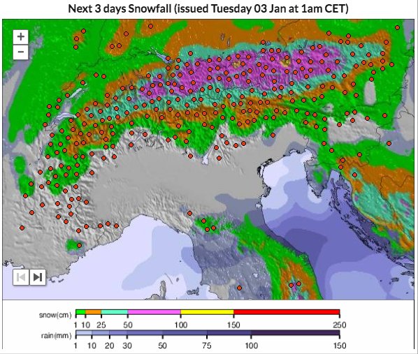 SnowForecast's tweet photo. The forecast shows 2 heavy snowfalls over the Alps that should bring a welcome improvement. Happy New Year everyone! https://t.co/SDiUJZWsNo https://t.co/cwqybyKWrS