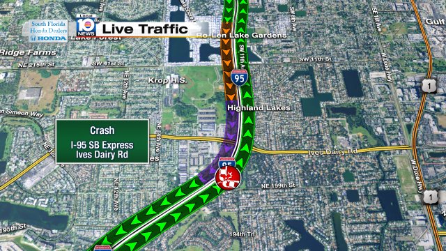 Crash on I-95 SB at Ives Dairy Rd. #traffic Express lanes and 2 reg. lanes blocked https://t.co/Y7hozxMnYj