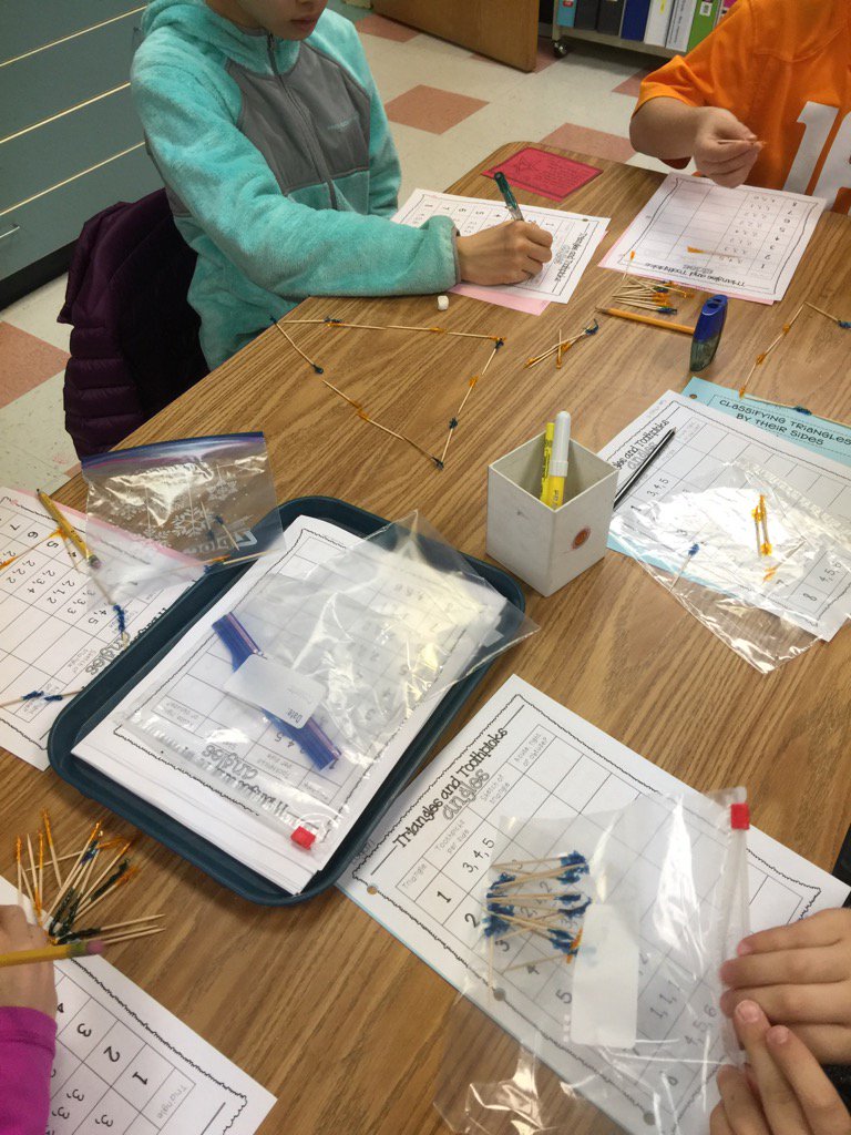 LeannHamstra's tweet image. Starting our geometry unit - building triangles out of toothpicks then describing their sides and angles. #math5.G.3