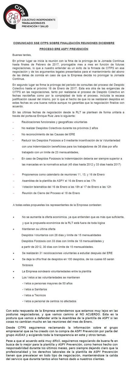 ASPYenLUCHA's tweet photo. Comunicado @CitpsInfo sobre la situación del ERE en @ASPYPrevencion tras las reuniones de la semana pasada. #aspyenluchaereno https://t.co/YH4is8hdpI