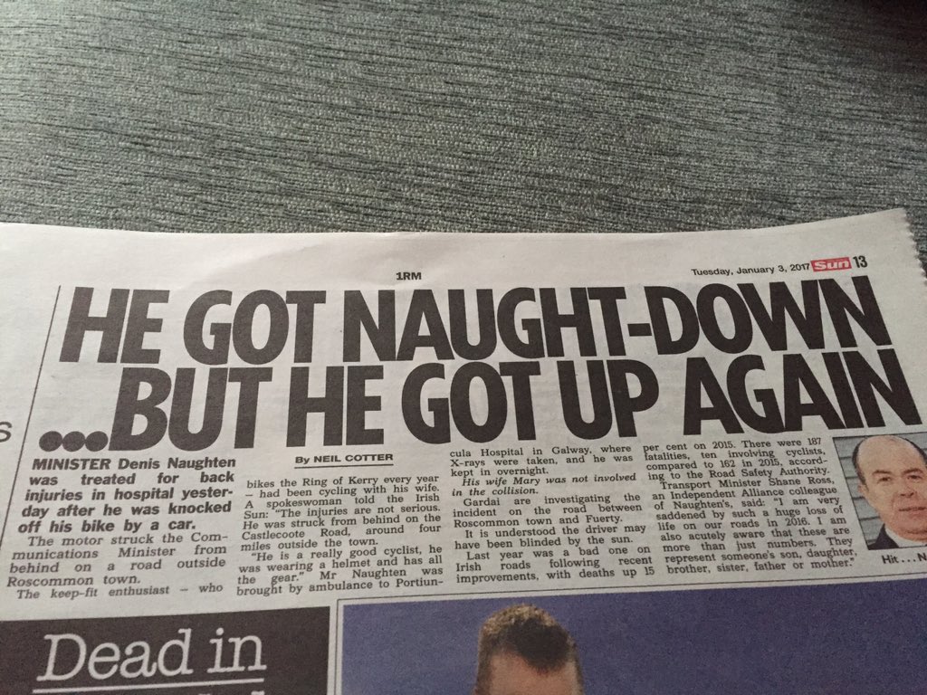 Neil Cotter (@newsneil13) on Twitter photo This is my favourite headline in, actually of all time. <a href="/DenisNaughten/">Denis Naughten</a> is ok after his bike fall. <a href="/BarryM85/">Barry Moran</a> This is my favourite headline in, actually of all time. <a href="/DenisNaughten/">Denis Naughten</a> is ok after his bike fall. <a href="/BarryM85/">Barry Moran</a>