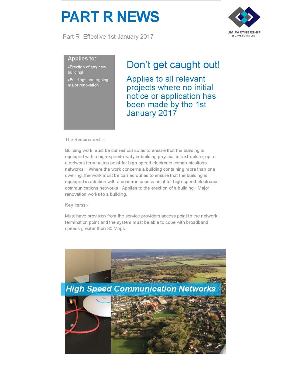 Part R came into force from 1 Jan 2017. All new build or large Refurb projects of more than one dwelling will need to comply!