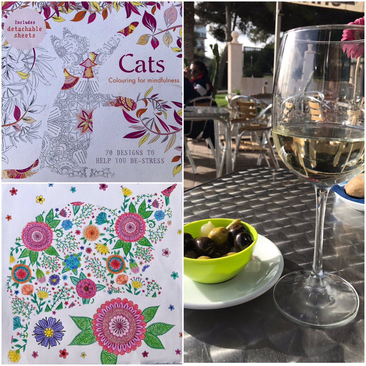 cosmositters's tweet photo. @Housesitting popped to our local #ElCampello cafe for a glass of wine&amp;
#colouringformindfulness #catsitting #relaxed #gratefulforlife https://t.co/whnvRUgQLW