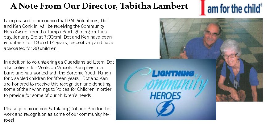 #Congrats to our #GuardianAdLitem #volunteers Dot & Ken Conklin who will receive the #communityheroaward from the @TBLightning tonight!
