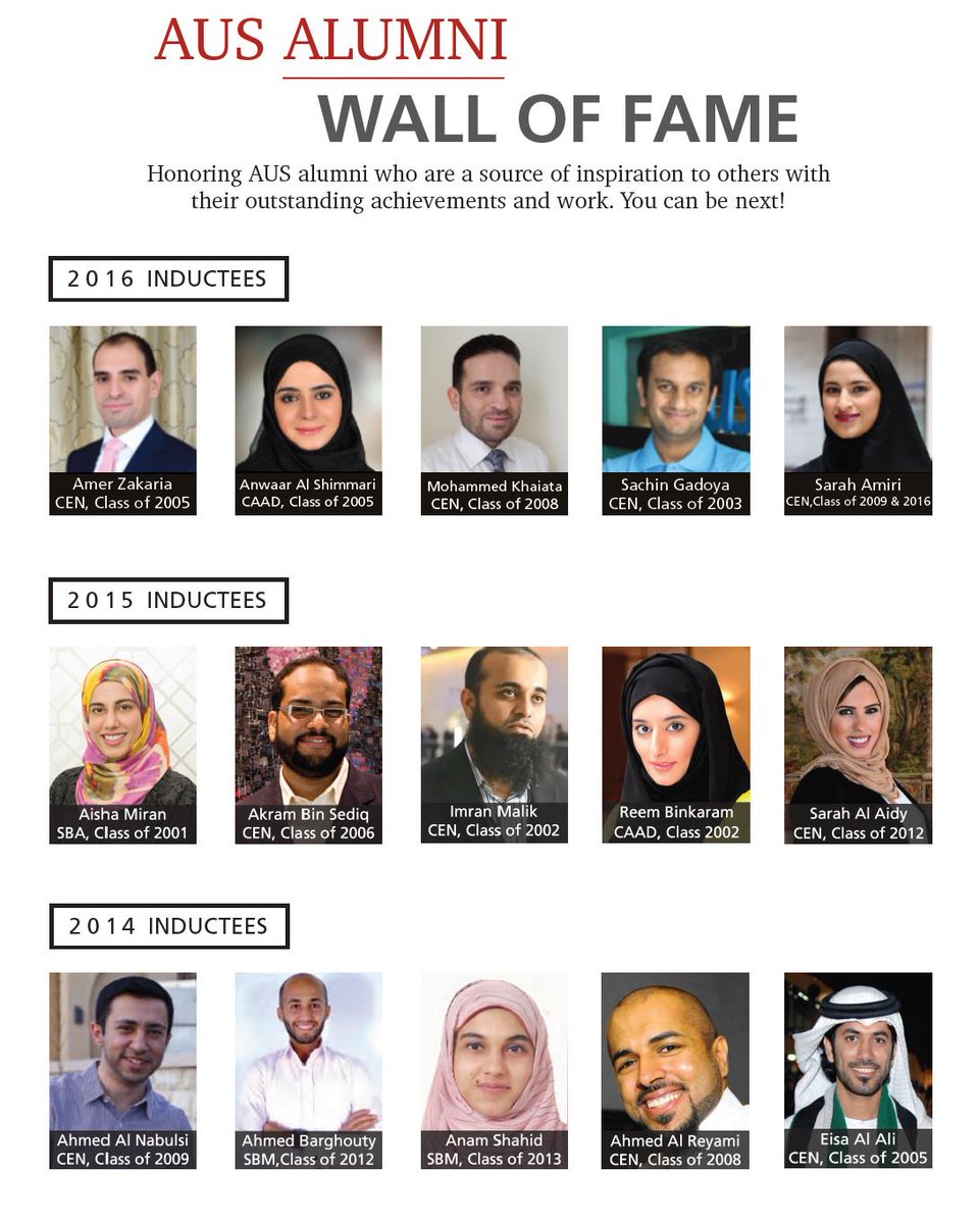 AUSharjah's tweet photo. Check inspirational stories of our AUS Alumni Wall of Fame inductees at https://t.co/GxNY1k68FE You can be next! | #ARD2017 #Alumni #Reunion https://t.co/PrNAkOwgy9