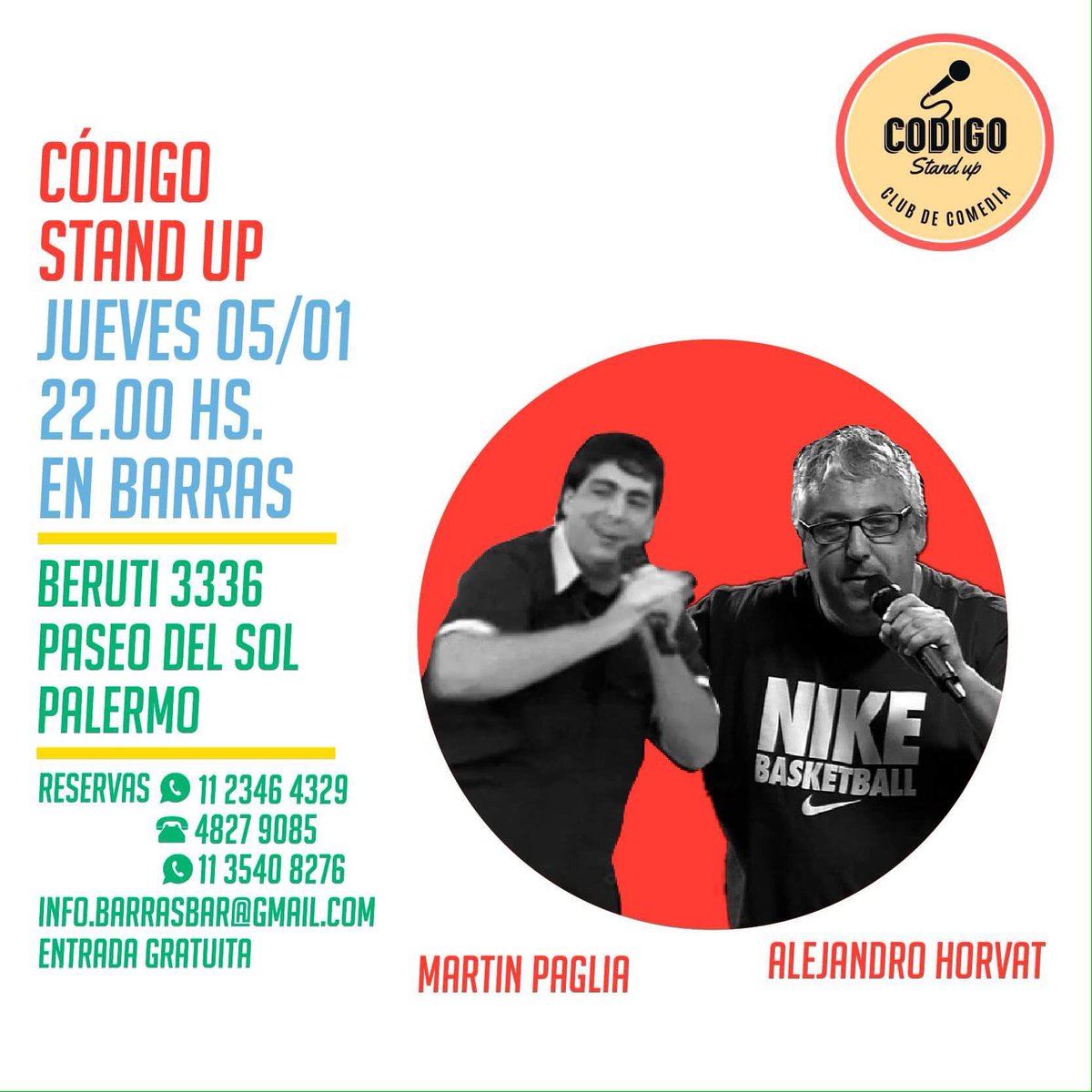 CodigoStandUp's tweet photo. Jueves de dúo en
#CódigoStandUp
22hs
@martinpaglia
@HorvatAle
ENTRADA GRATUITA
#Palermo

Hace tu reserva
WhatsApp 1123464329/1135408276 https://t.co/QpCLGxeTe8