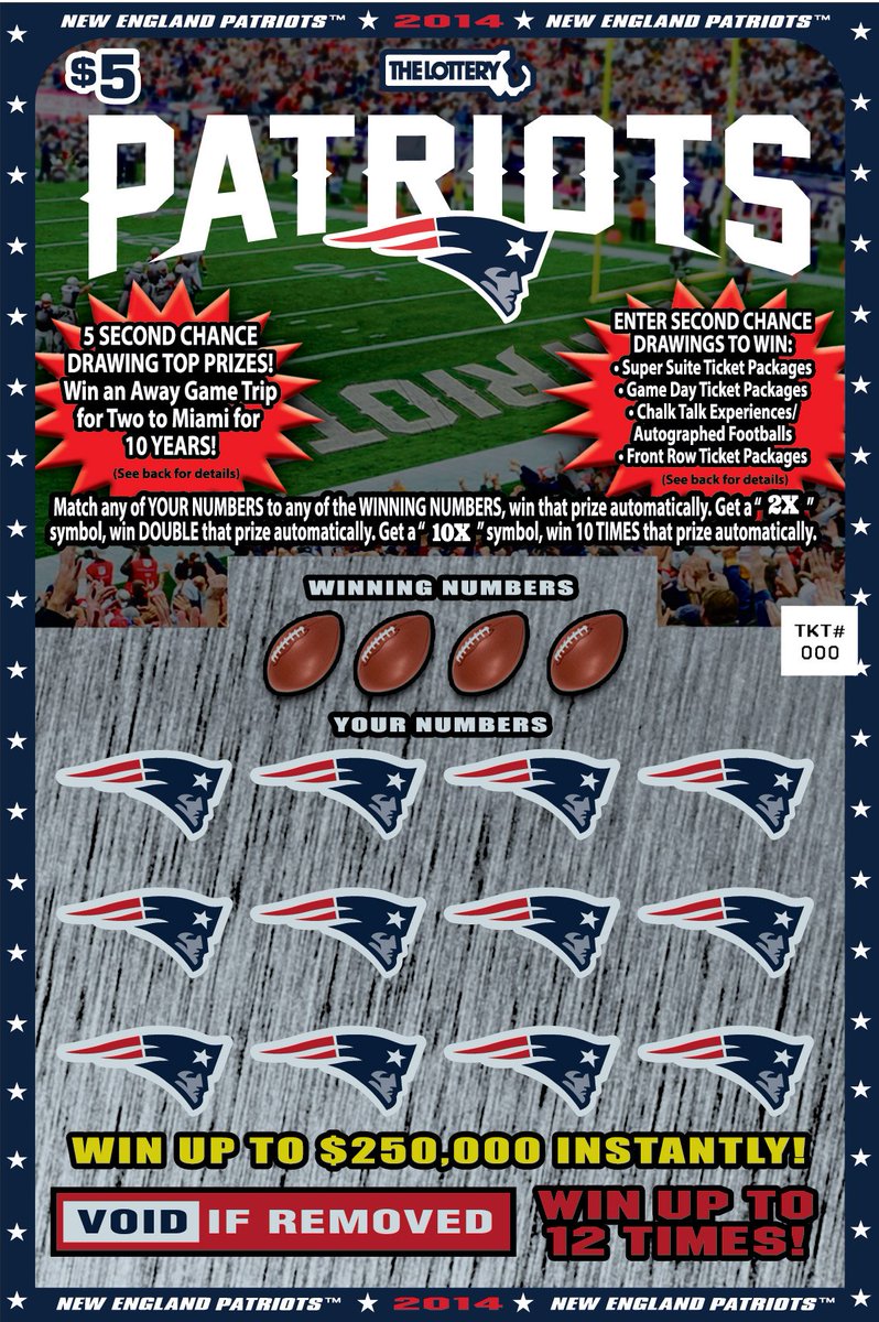 MAStateLottery's tweet photo. One $250,000 instant prize and one #SecondChanceDrawing for Trips to Miami for 10 Years remain in the 2014 @Patriots Instant Ticket game! https://t.co/bMorhQKm7Z