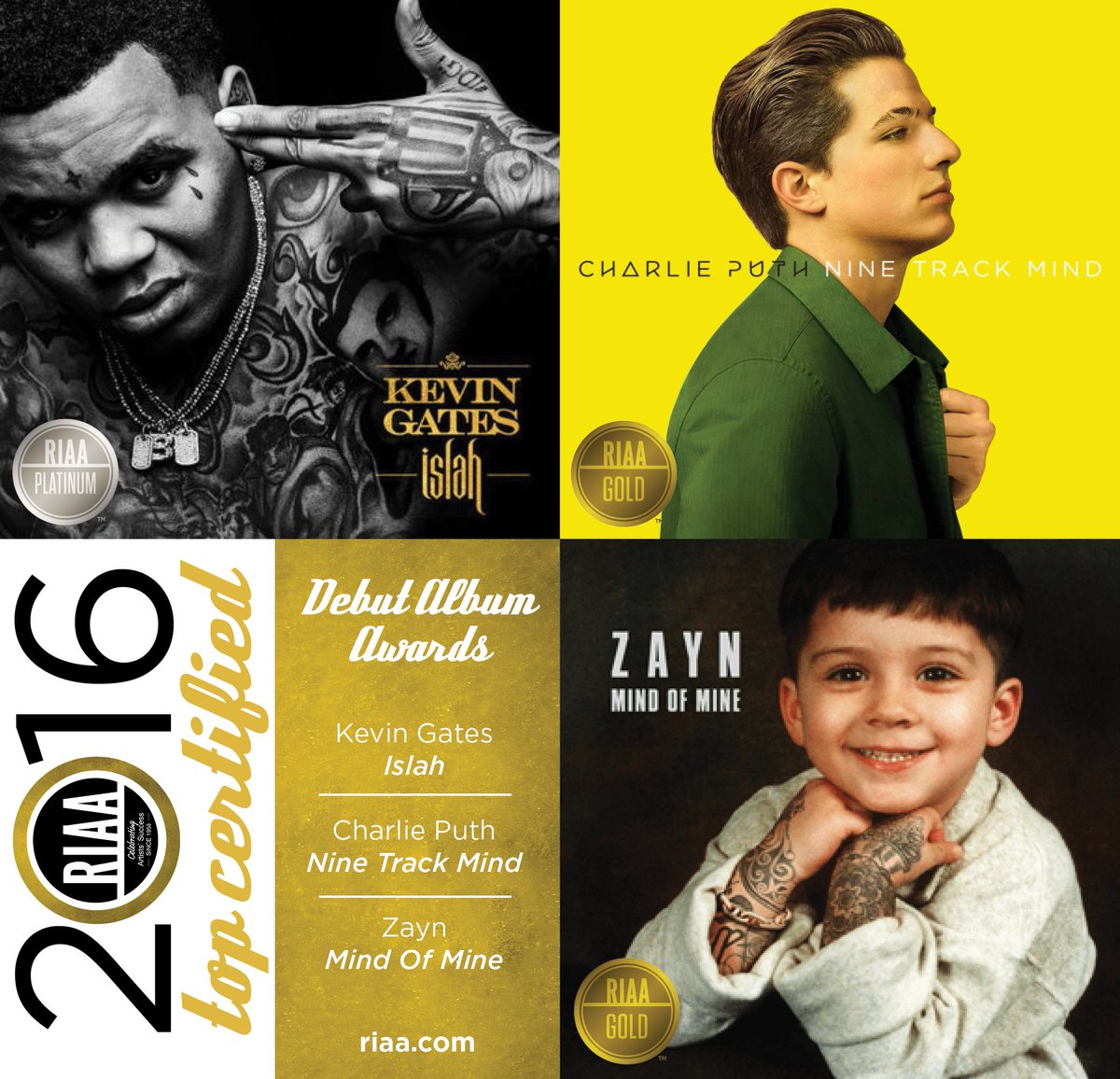 RIAA's tweet image. 2016’s three Debut Album Awards go to @iamkevingates @charlieputh &amp;amp; @zaynmalik! #RIAATopCertified