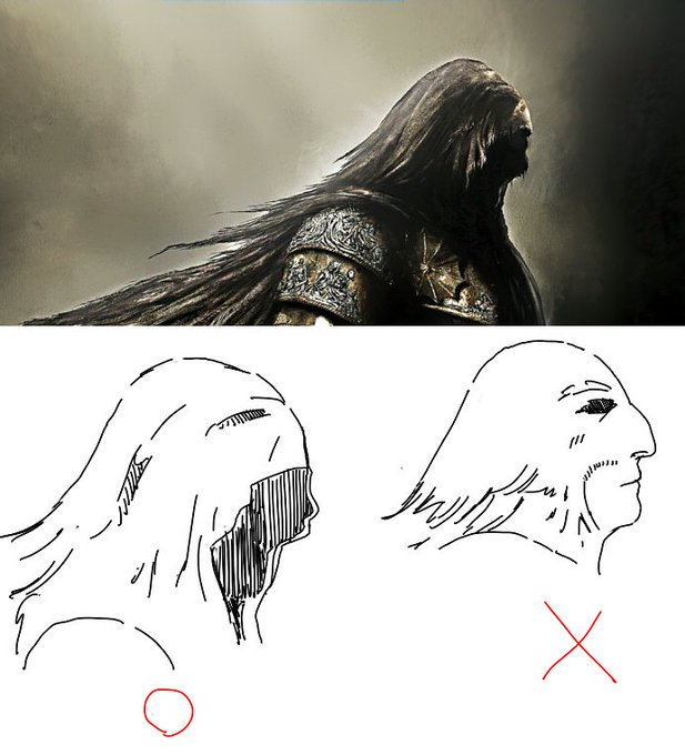 いまさら判明したけど、ダークソウル2のパッケージのちょっと上を見上げてるオールバックのおじさんだと思っていたのは、フードをかぶった喪失者だった。俺は今まで右のように解釈していたよ。 