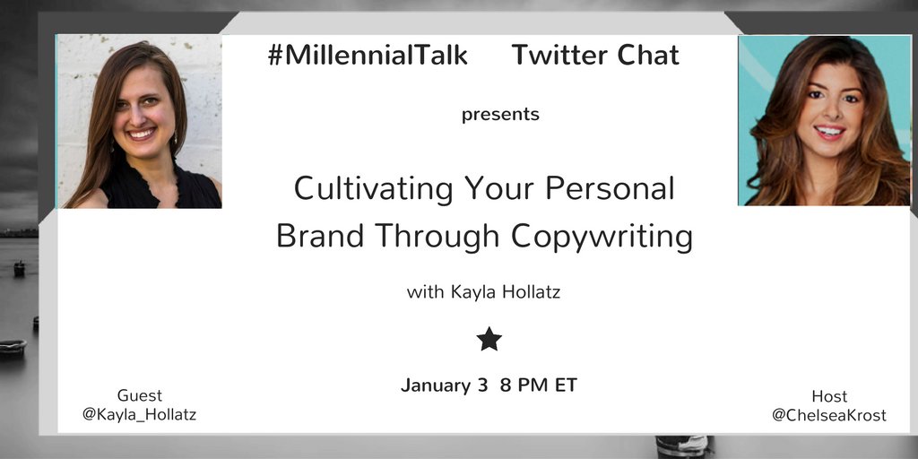 ChelseaKrost's tweet photo. Cultivating Your Personal Brand Through Copywriting at 8 PM ET on #MillennialTalk!! @ItsQuarterLife  @_MsRichardson @brandeetsanders https://t.co/Je6T9wnCGU