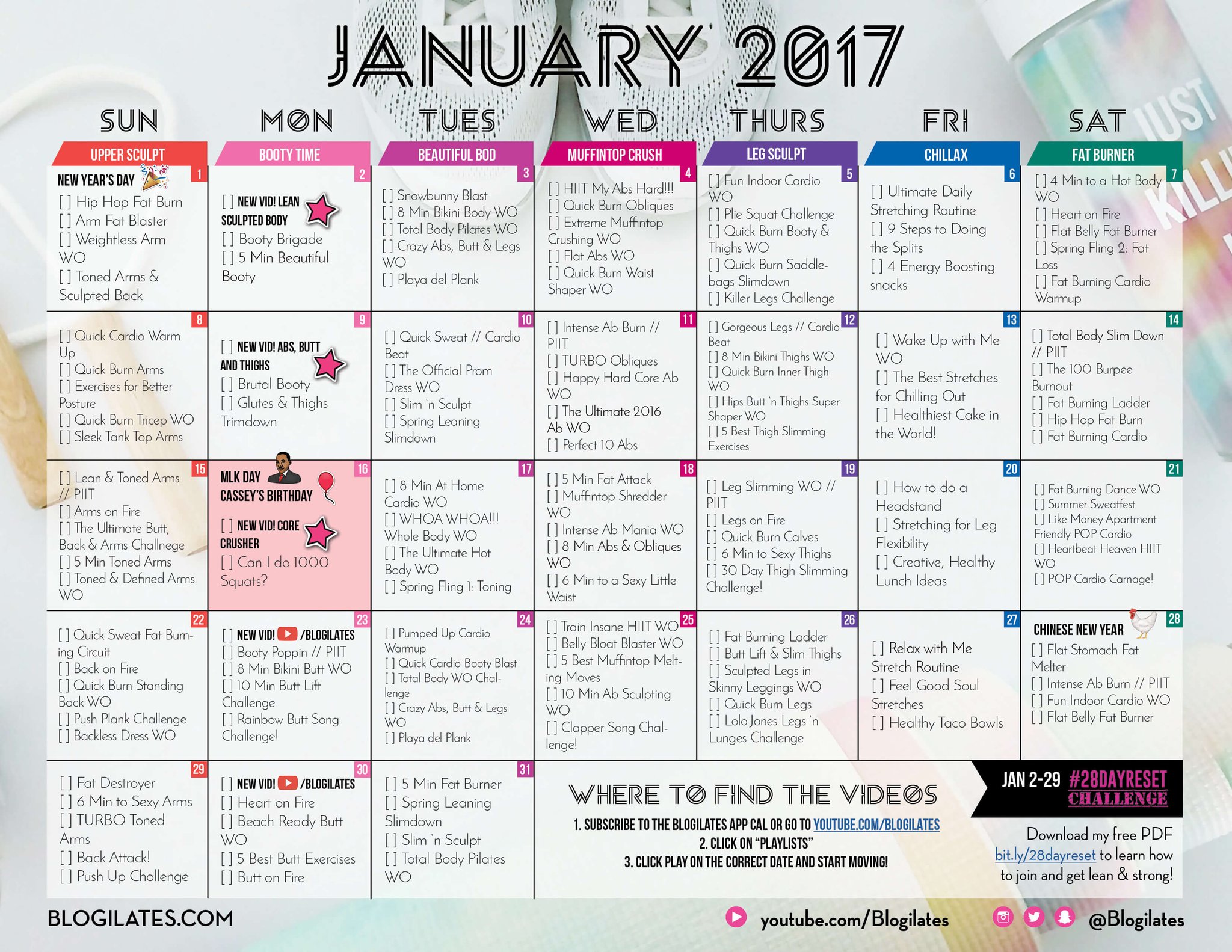 Simple 2018 workout calendar 