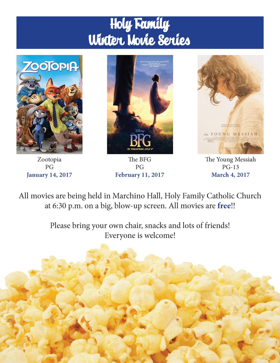 The Holy Family Winter Movie Series begins on January 14 with a showing of Zootopia! Join us at 6:30 pm for an evening of fun!