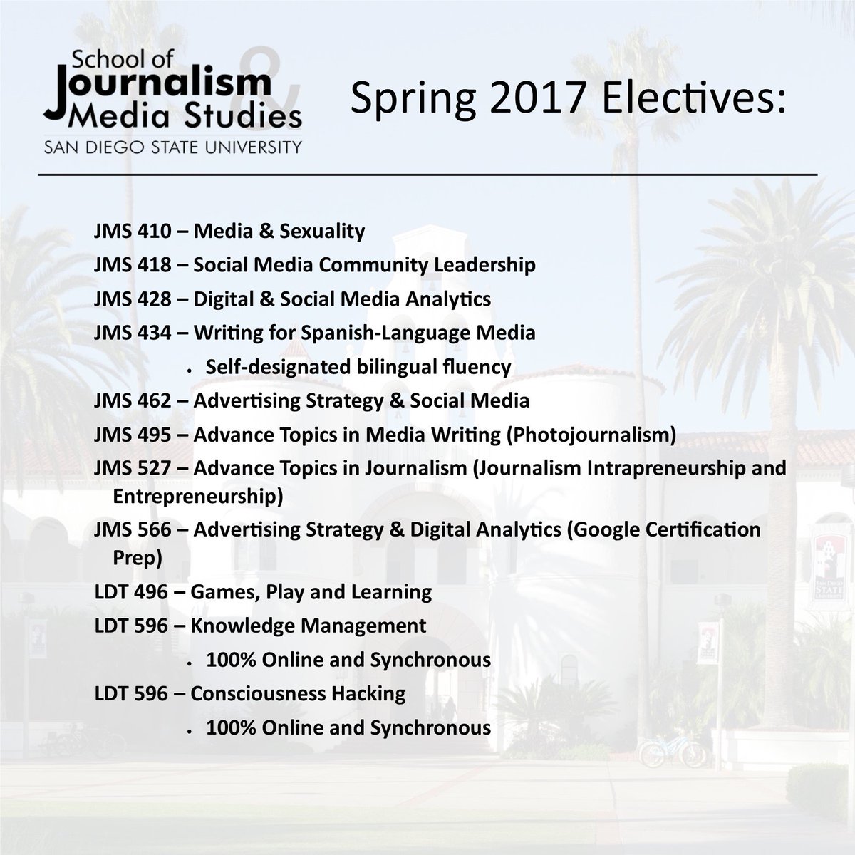 SDSU_JMS's tweet photo. Here are the classes featured in the upcoming #SDSUJMS Spring 2017 elective series! #SDSU #JMSspring17 https://t.co/QPqJxKxVL1